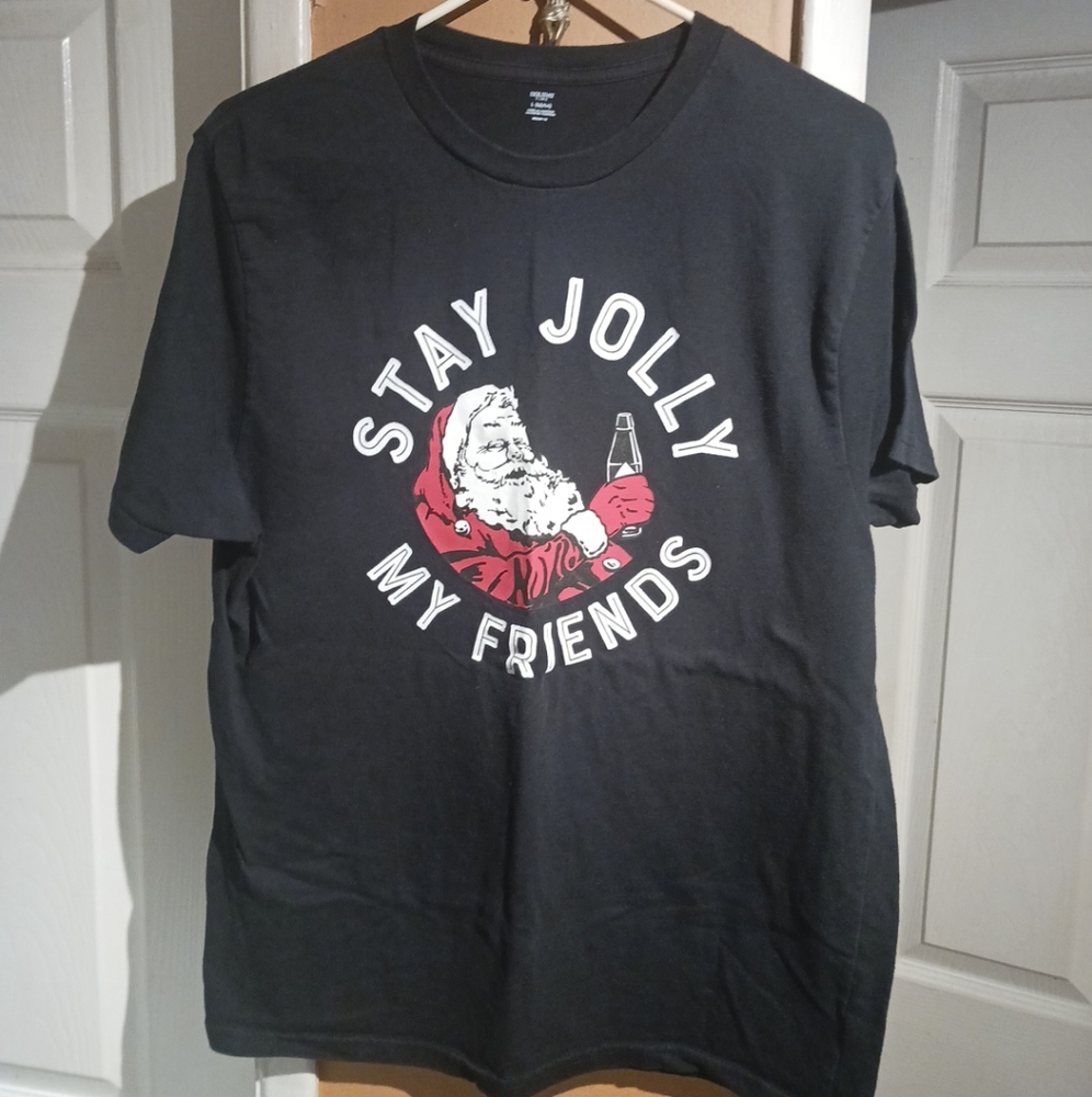 Mens Black "Stay Jolly My Friends" Graphic Christmas T-Shirt. Size L